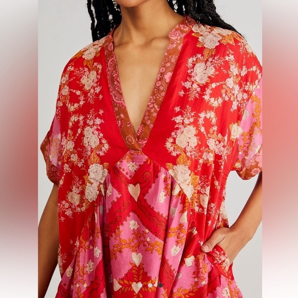 Free People Agnes Printed Mini Dress in Red/Pink - Picture 3 of 8